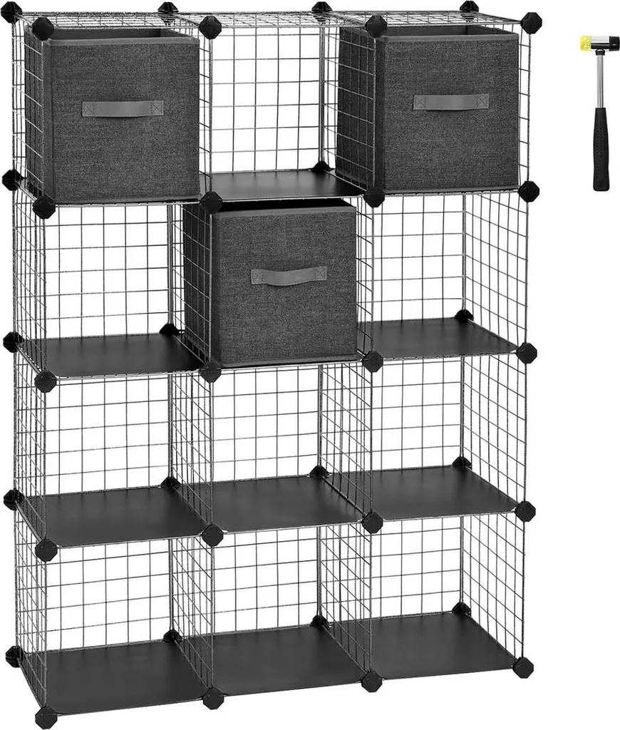 Étagère grillagée 12 cubes noire pour optimiser le rangement des petits espaces