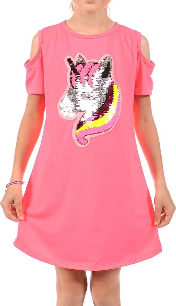 KMISSO Mädchen Kleid Wende Pailletten Einhorn-Motiv Pink 92