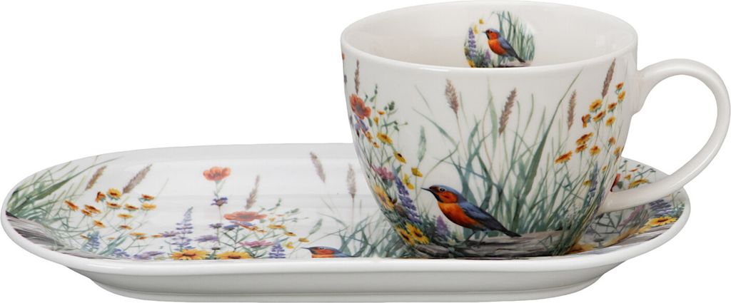 DUO Flowers Classic JULY Frühstücks-Set Tasse 450 ml mit langem Unterteller, New Bone China Porzellan