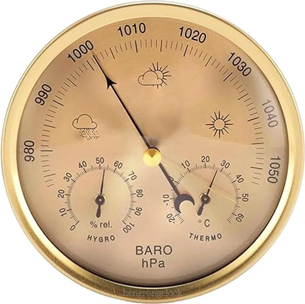 Baromètre Mural Doré 130mm - Thermomètre Hygromètre Haute Lisibilité INF