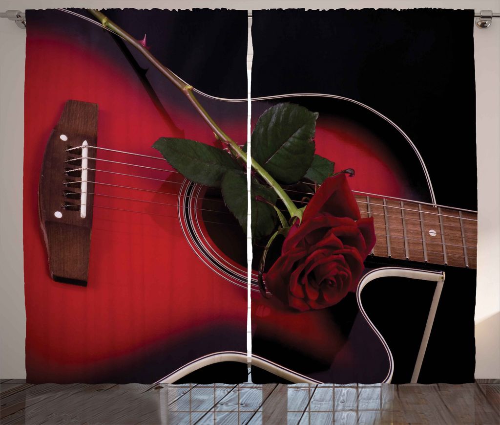 ABAKUHAUS Spanisch Rustikaler Gardine, Gitarre mit Liebe Rose, Schlafzimmer Kräuselband Vorhang mit Schlaufen und Haken, 280 x 225 cm, Weiß und R...