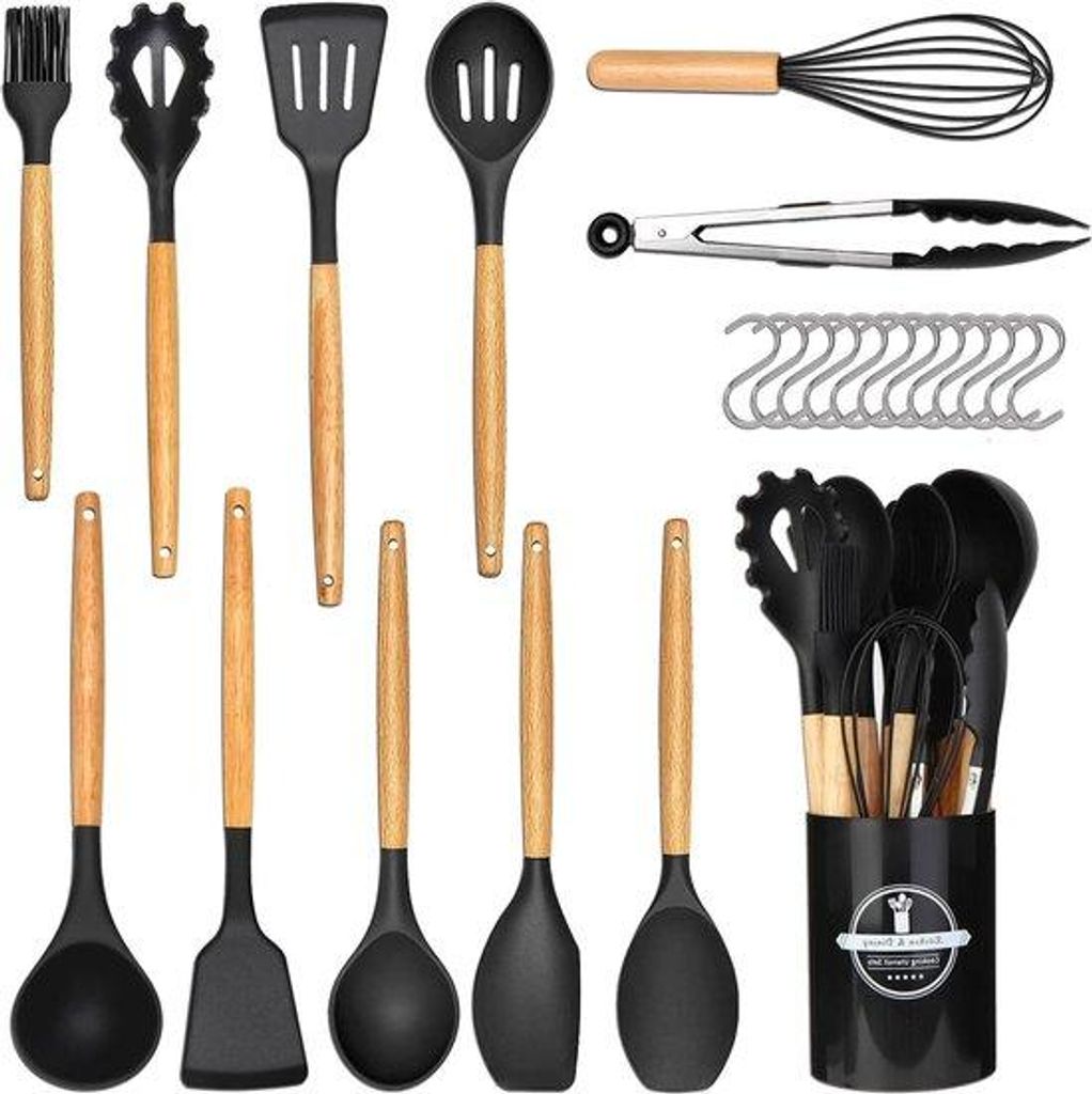 Silikon-Spatel-Set - 24-teilig - hitzebeständig - Küchenhilfswerk - mit Holzgriff - für Geschirrspüler geeignet