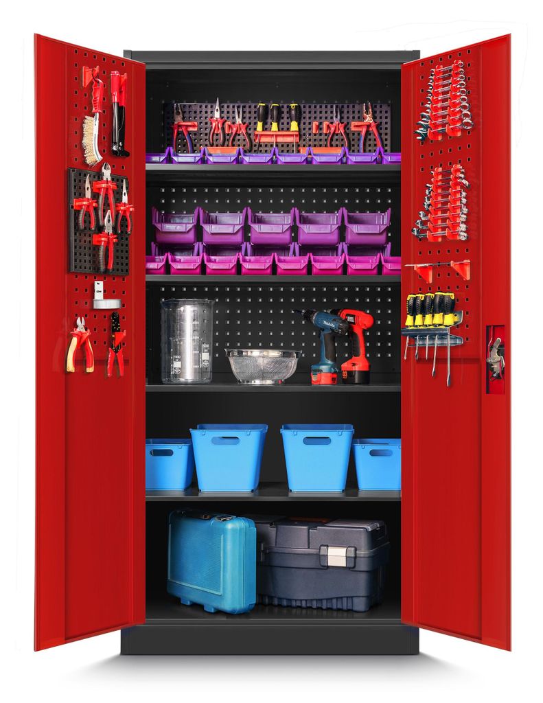 Werkstatt-Schrank 185x92x50 cm, Stahlblech, anthrazit/rot, 4 Böden