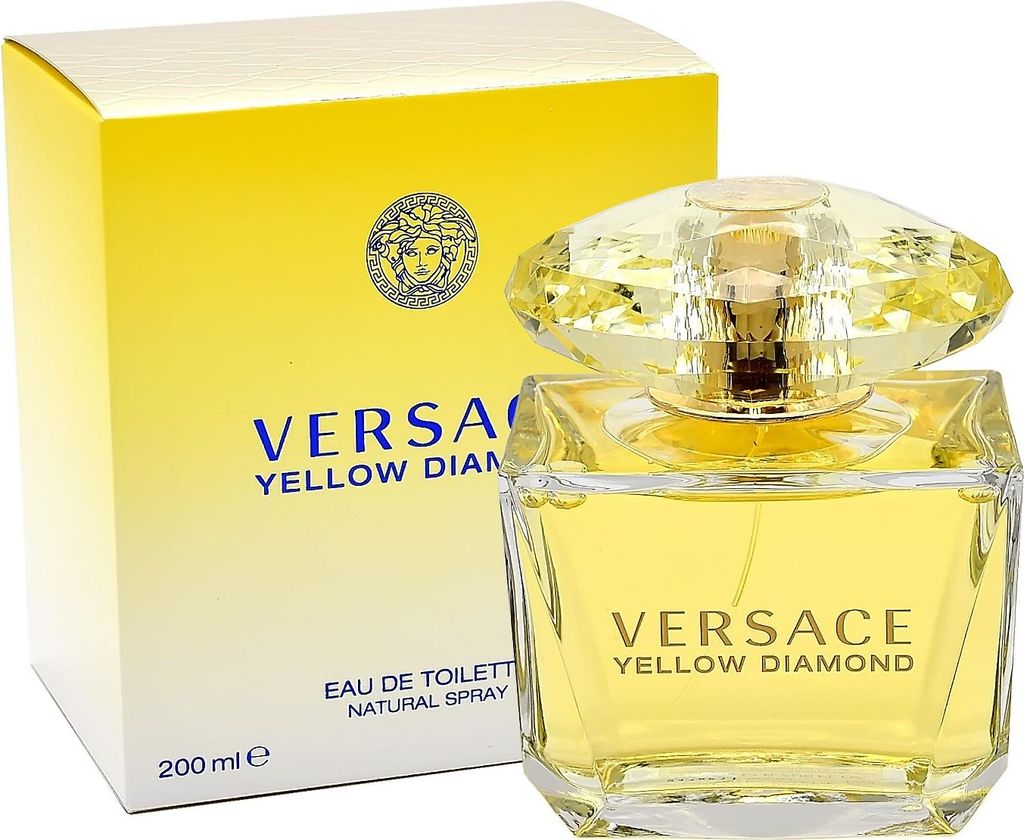 A bottle of Versace Yellow Diamond Eau de Toilette and its packaging are displayed against a white background.