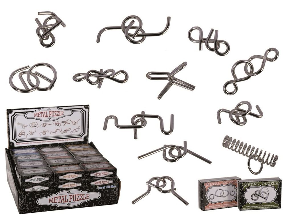 A collection of metal puzzles displayed on a white background, with a display box of puzzles in the foreground.