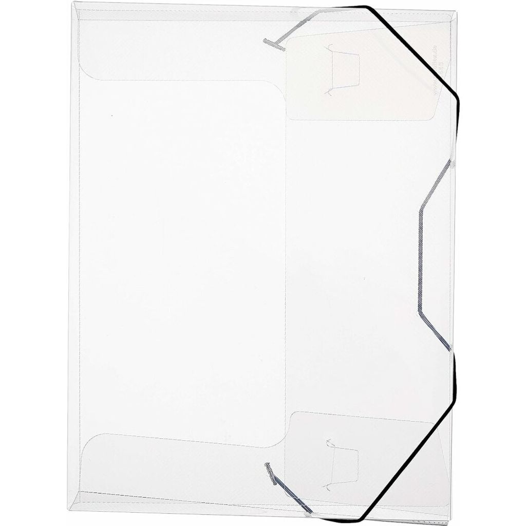 A clear, well-lit studio shot of a transparent file folder with a black elastic closure.