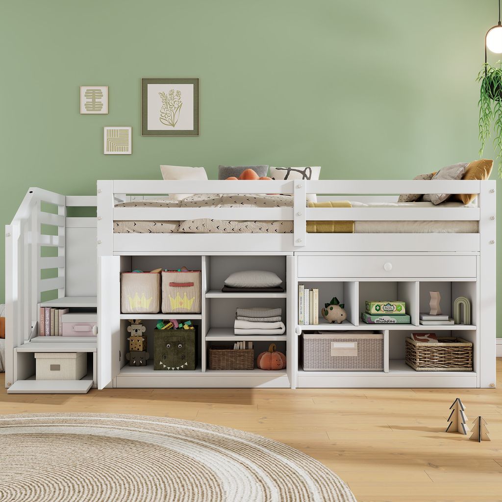 MODFU Hochbett Kinderbett 90x200cm mit Schrank und Produktbild 