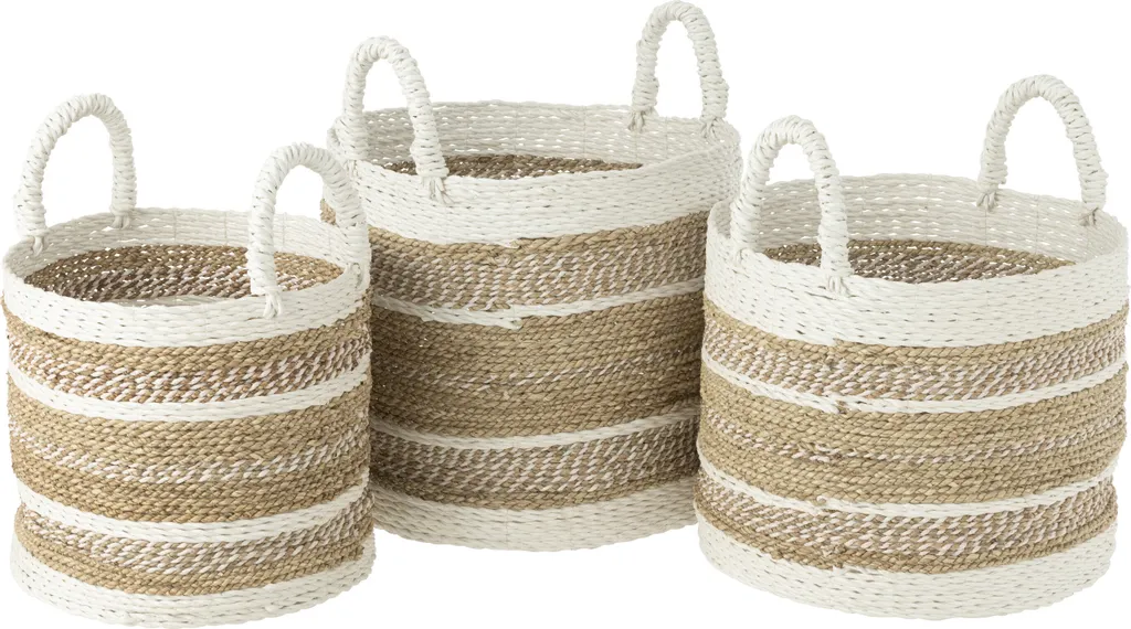 Paniers de Rangement Caro en Raffia Blanc et Bois Naturel - Lot de 3