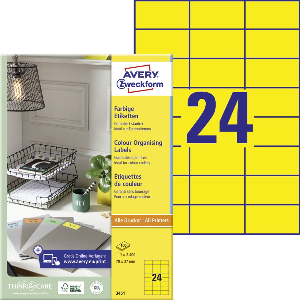 Avery Zweckform 3451 Farbige Etiketten, A4, 70 x 37 mm, 100 Bogen/2.400 Etiketten, gelb
