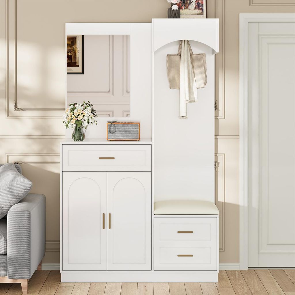 Garderobenset mit Spiegel und Schuhschrankkombination Flurgarderobe Wandgarderoben-Set 110 L x 33 B x 185.5 H cm Weiß