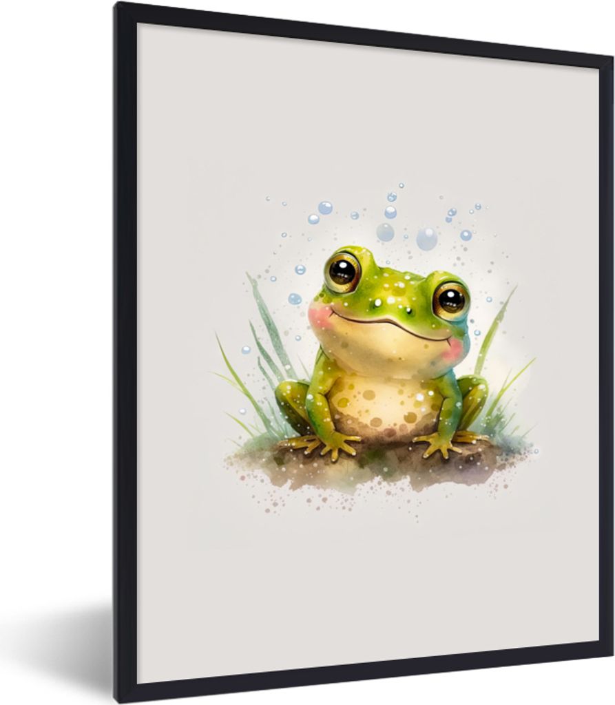 MuchoWow Gerahmtes Poster Frosch - Grün - Aquarell - Tiere - Junge - Mädchen 60x80 cm - Poster mit Schwarzem Bilderrahmen Wandposter Rahmen Fot...