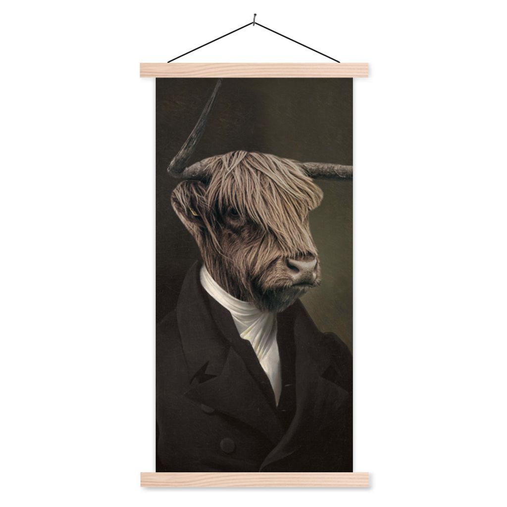 MuchoWow Textilposter Schottischer Highlander - Malerei - Tiere 40x80 cm mit holzfarbenen Rahmen - Wohnzimmer