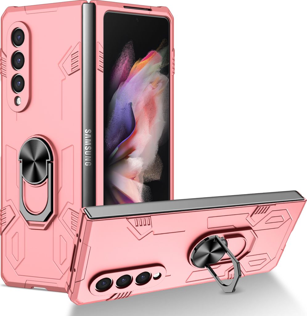 Galaxy Z Fold3 Hülle, Robust Harter PC, Stoßfest, Ringhalter, Ständer Schutzhülle für Samsung Galaxy Z Fold 3 5G Pink