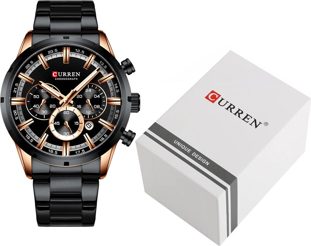 A black and gold Curren chronograph watch is displayed next to its white packaging box.