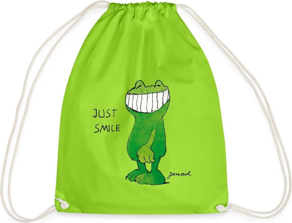 Spreadshirt Janosch Günter Kastenfrosch Just Smile Turnbeutel, One size, Neongrün