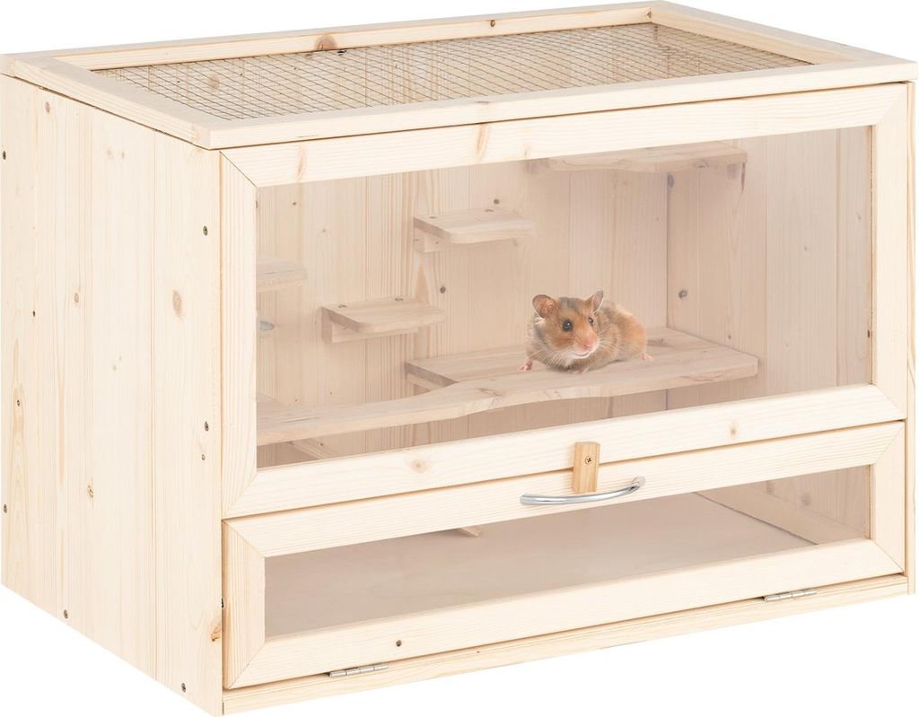 Hamsterkäfig aus Holz mit Drahtgitterdeckel und mehreren Leitern