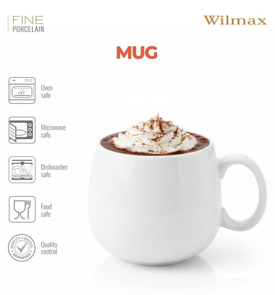 Filiżanka Wilmax 400 ml, biała, porcelanowa, do kawy i Zdjęcie produktu 