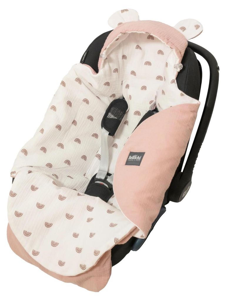Bellochi Musselin Einschlagdecke Babyschale 90x90cm - Leichte Sommer Babydecke mit Kapuze & Fußsack für Auto & Kinderwagen - 3 & 5-Punkt-Gurt Kom...
