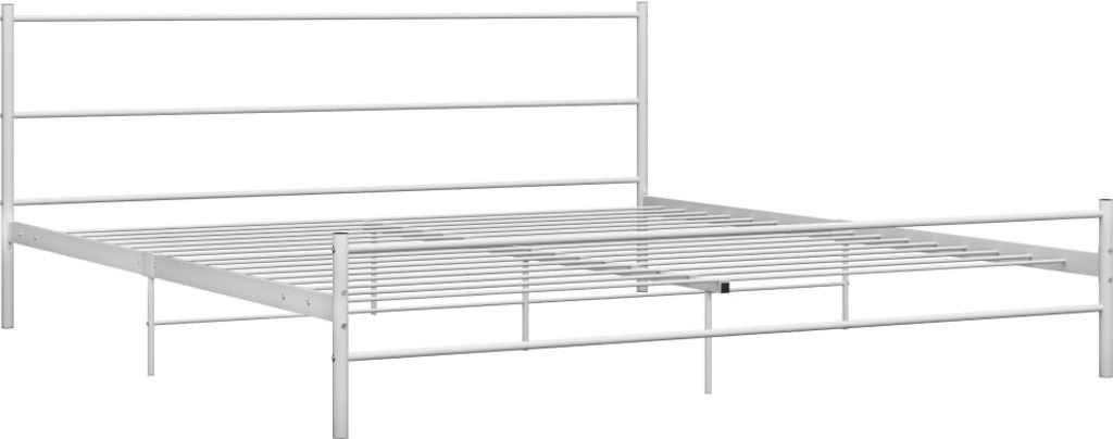 A white metal bed frame is shown against a white background.