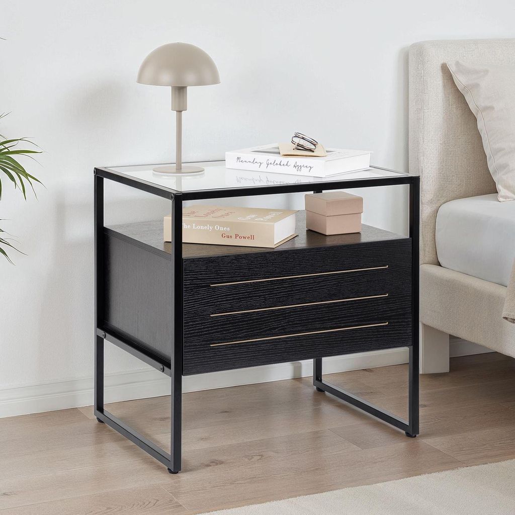 Nachttisch ARUMA mit Schublade, Schwarz – Nachtkommode modernes Design mit Glasplatte und Metallgestell, kompakter Nachttisch mit offenem Fach un...