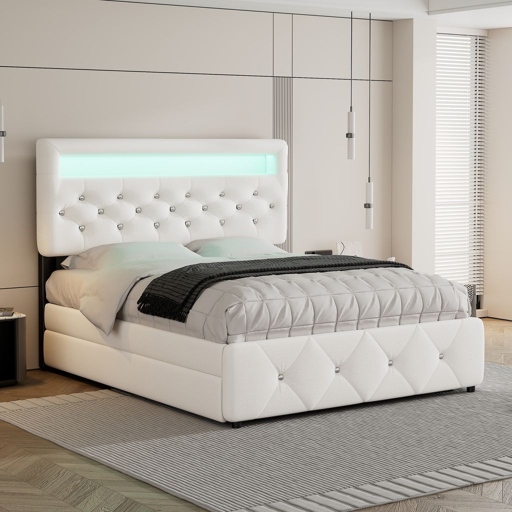 MODFU Polsterbett 140x200 cm mit Ausziehbarem bett 90x190cm , Doppelbett Stauraumbett mit LED-Beleuchtung und 2 Schubladen, Weiß(Ohne Matratze)