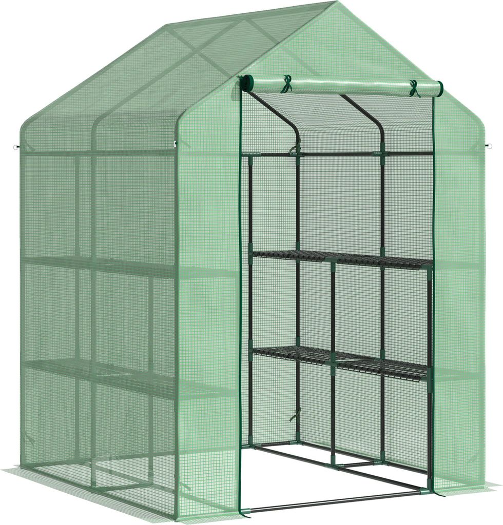 Fortuna Lai Foliengewächshaus Begehbares Treibhaus mit 8 Regalen für Tomaten, Stahl & PE-Kunststoff, grün, mit Tür für optimale Pflanzenpflege