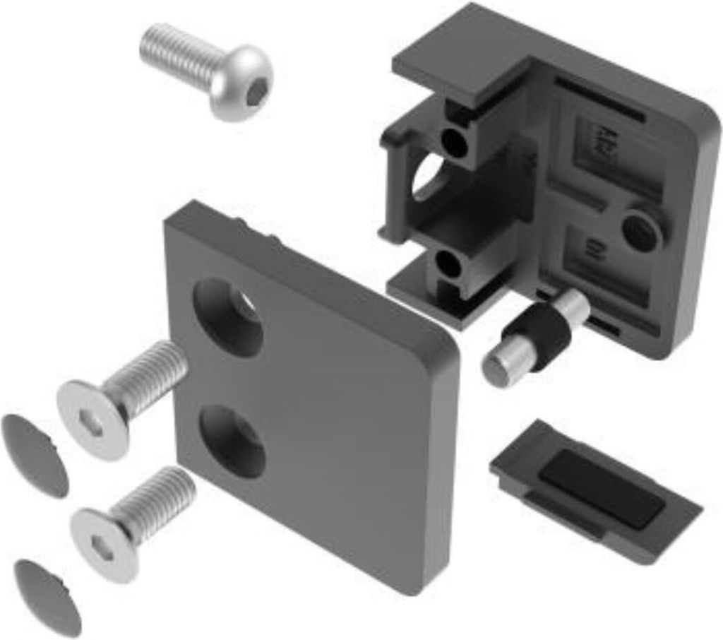 An exploded view of a glass clamp assembly, showing individual components like screws, a mounting bracket, and a glass holder.