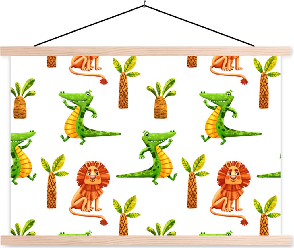 MuchoWow Textilposter Dschungel - Löwe - Krokodil 60x40 cm mit holzfarbenen Rahmen - Bilder