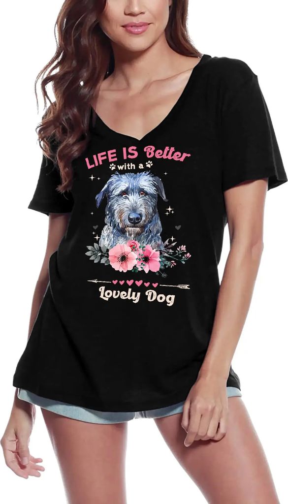 Damen Grafik T-Shirt V-Ausschnitt Irischer Wolfshund - das Leben ist besser mit einem lieben Hund – Irischer Wolfshund Life Is Better With A Lovely