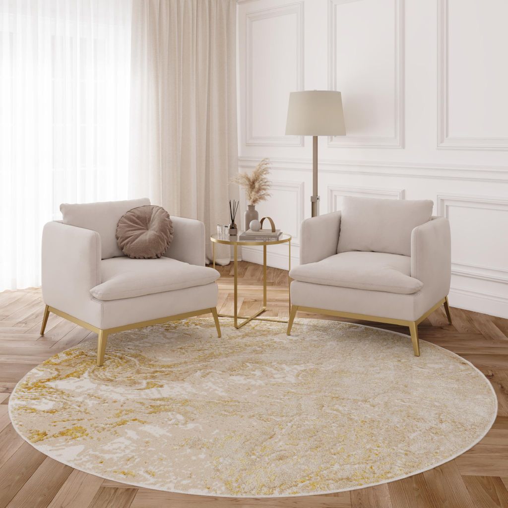 Tapiso Teppich CRYSTAL Rund Beige Gold Wohnzimmer