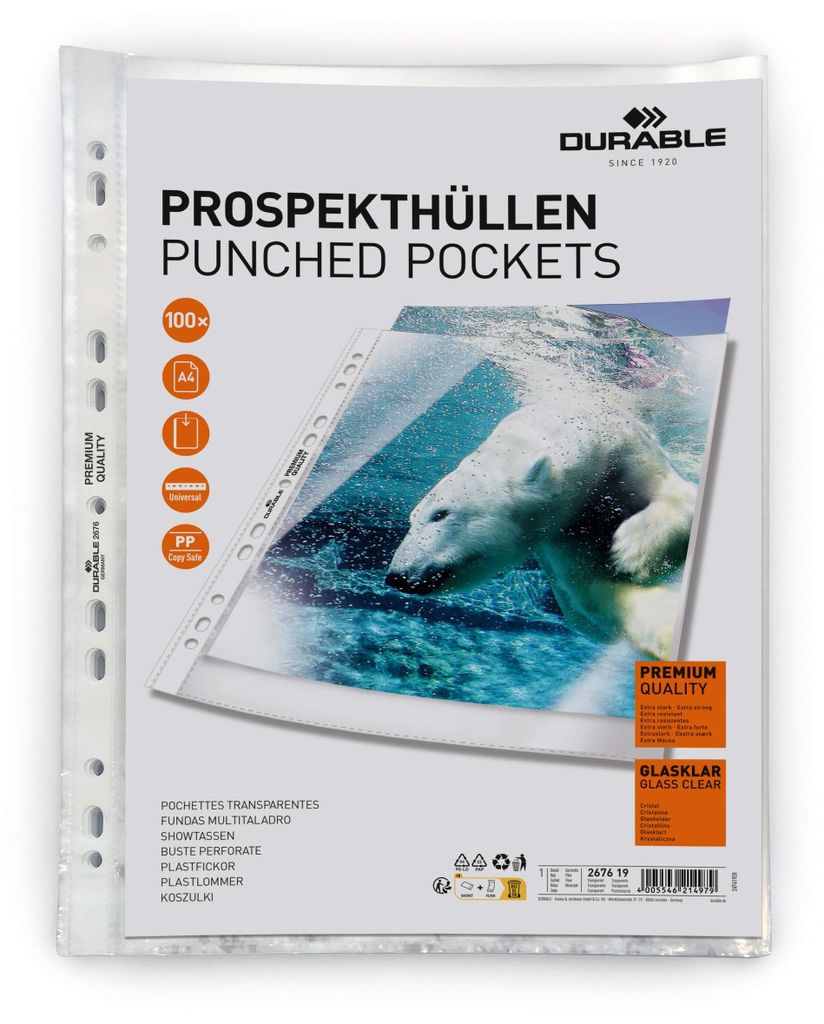 DURABLE Prospekthülle PREMIUM A4 PP, Btl. à 100, 267619 Produktbild 