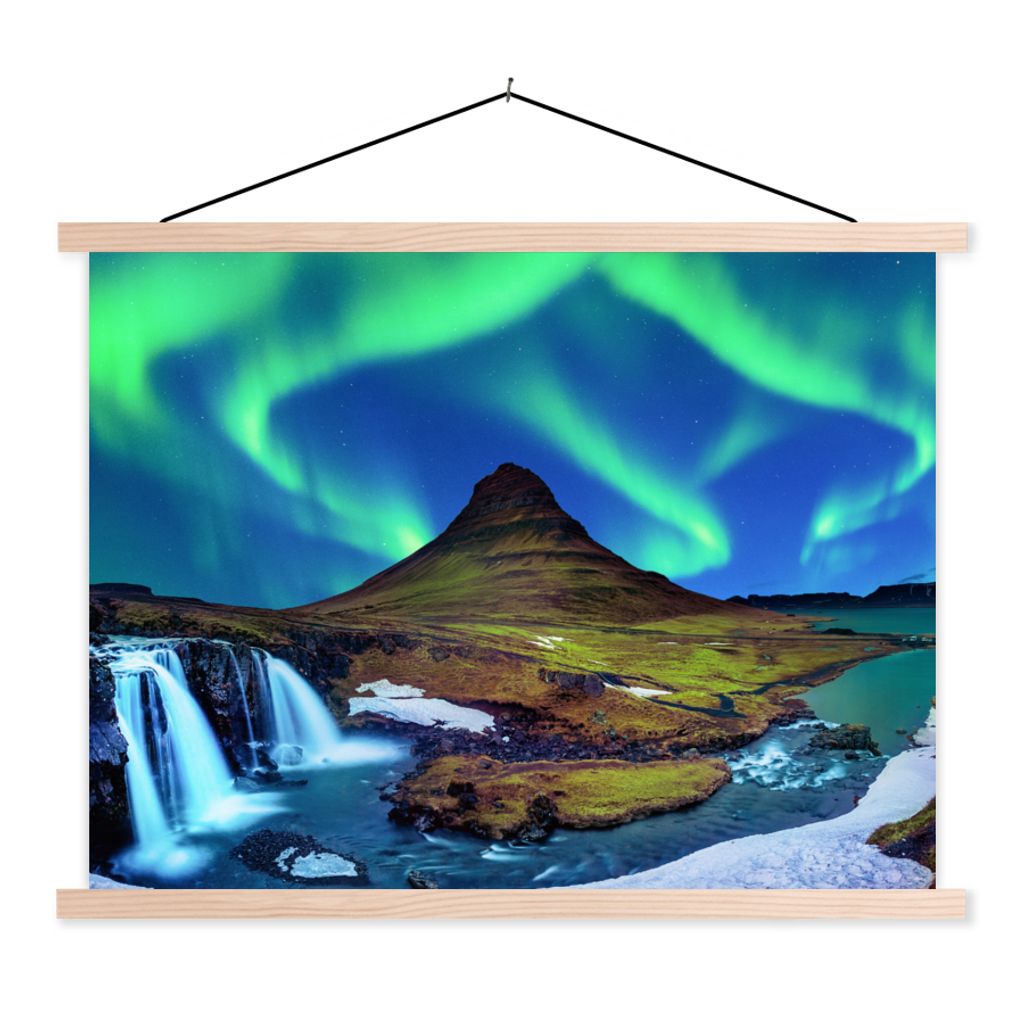 MuchoWow Textilposter Nordlicht - Sternenhimmel - Island - Berg - Grün - Wasserfall - See 120x90 cm mit holzfarbenen Rahmen - Magnetisch