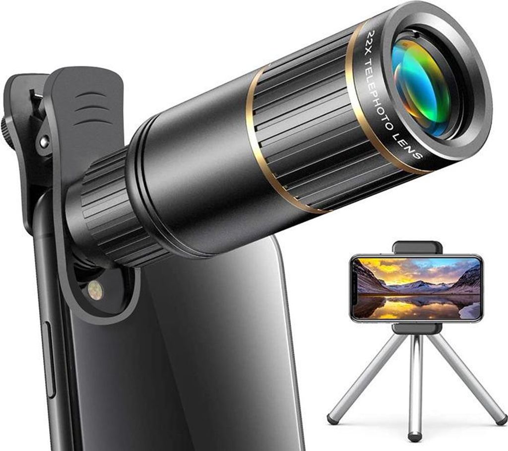 22-fach HD Handy-Teleskop, großes FMC-Objektiv, stabil mit Stativ, Weitwinkel, tragbar für Outdoor