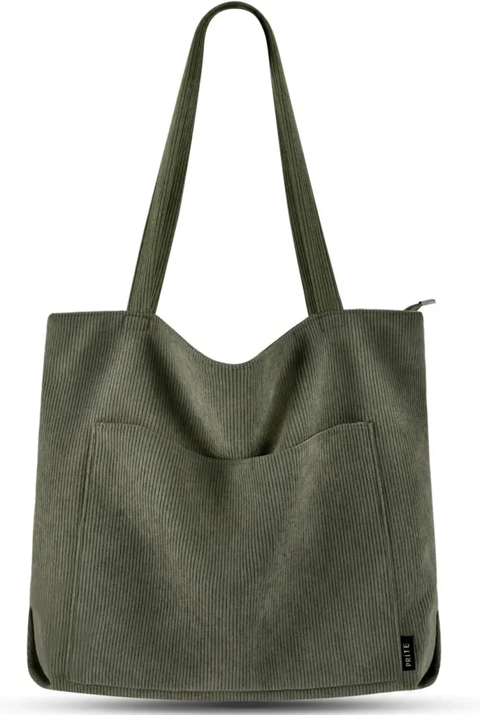 Grand Sac à main Tote Bag Shopper avec Cordon en Tissu Vert Foncé