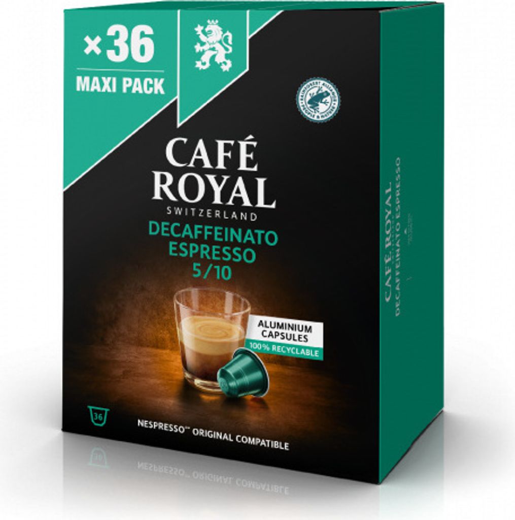 A product box for coffee capsules, showing a glass of espresso and a coffee capsule.