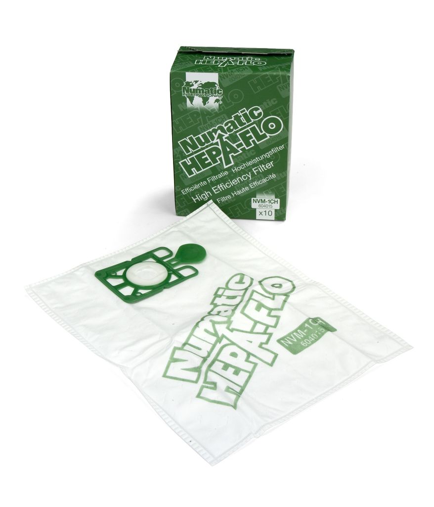 A box of Numatic Hepa-Flo vacuum cleaner bags and one bag laid out.