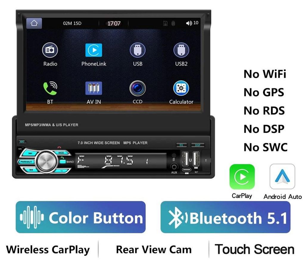 MP5 Autoradio - 1-DIN Android 13 - Touchscreen 17,8 cm - Auflösung 1024×600 - ROM 64 GB - Anschlüsse 2×USB + USB‐C - Ausgangsleistung 4×45 W...