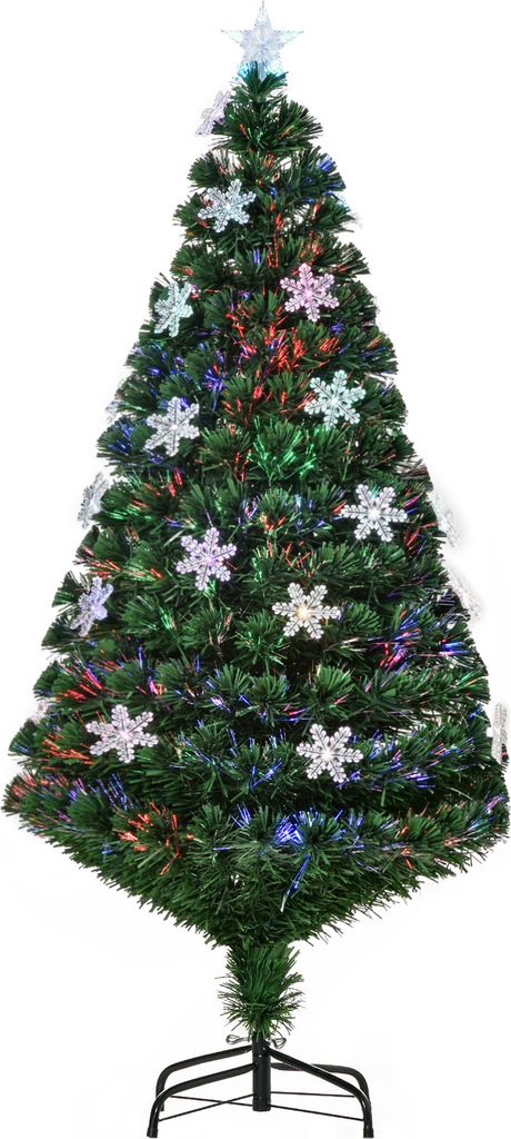 HOMCOM Künstlicher Weihnachtsbaum, Tannen, 150 cm, mit Ständer, Weihnachtsdekoration, Schneeflocken, Glasfaser, helle LED, mehrfarbig, feuerfest