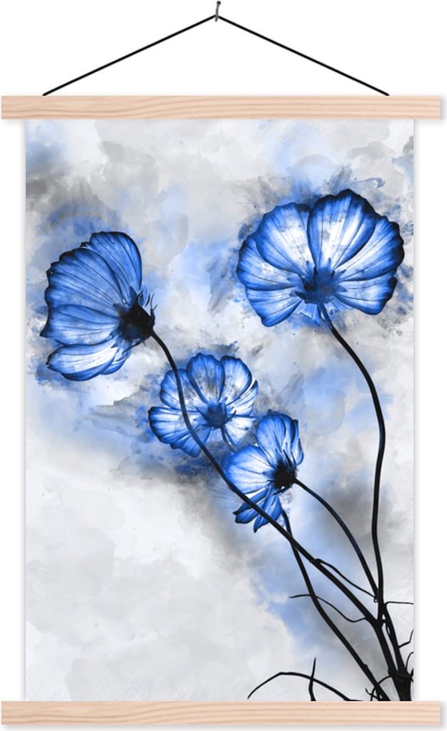 MuchoWow Textilposter Blumen - Aquarell - Blau 60x90 cm mit holzfarbenen Rahmen - Textil
