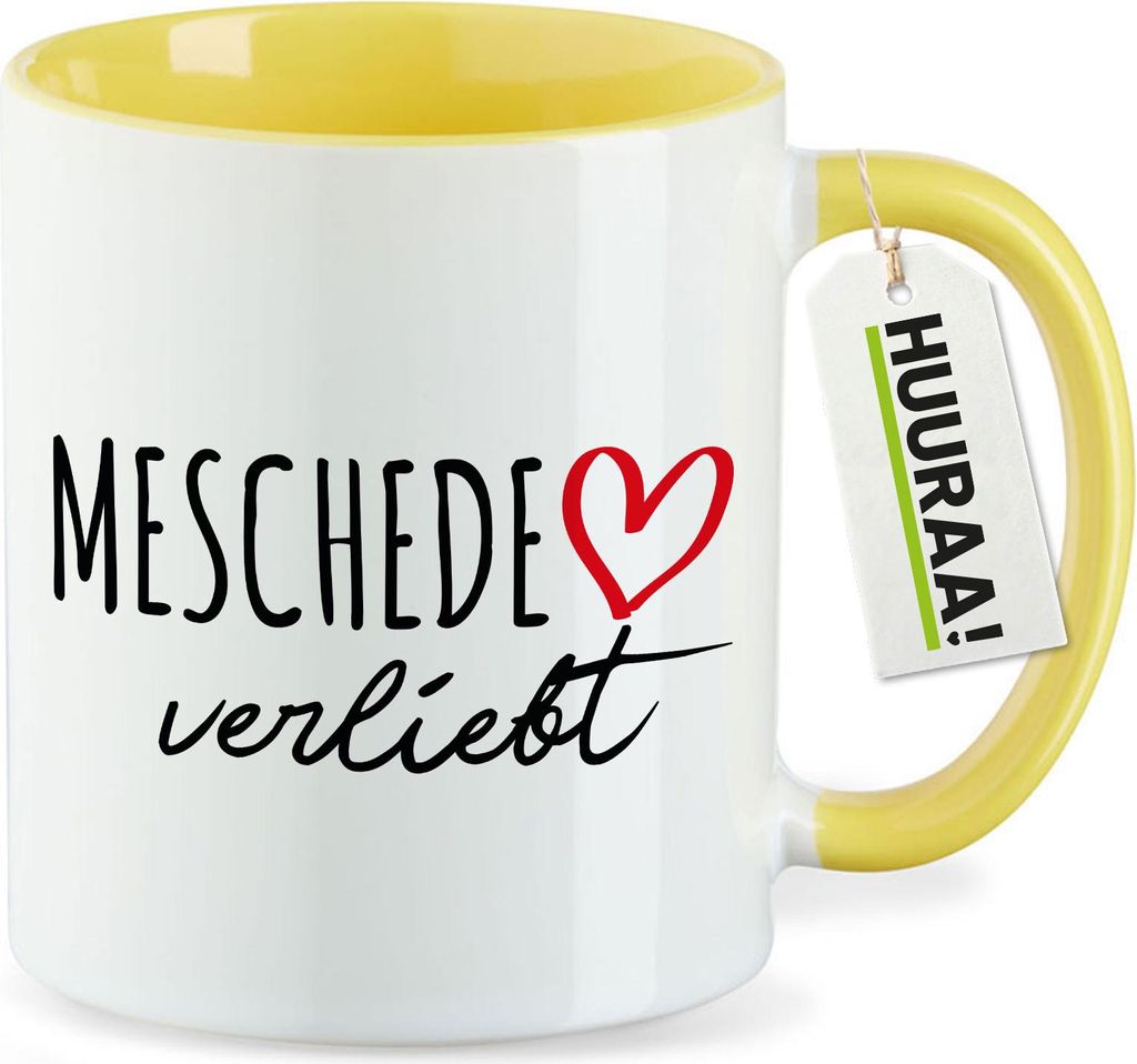 Huuraa Kaffeetasse Meschede verliebt 330ml Gelb Keramik Kaffeebecher Geschenkidee