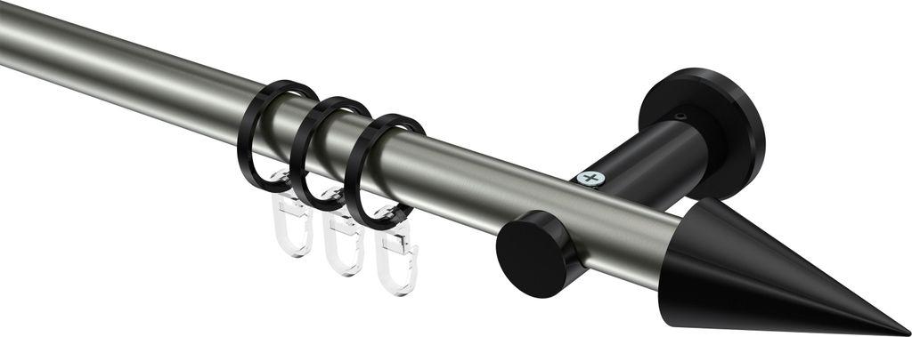 Interdeco Gardinenstange / Vorhangstange Edelstahl-Optik / Schwarz, Typ Platon Savio (Kegel), 20 mm Ø 1-läufig, 400 cm