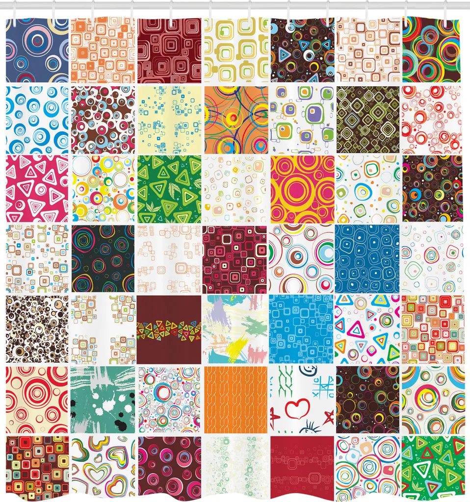 ABAKUHAUS Tenda da doccia retrò, grande patchwork con motivi tradizionali classici, vintage e festivi, tessuto set decorativo per bagno con ganci, 175x240 cm, multicolore