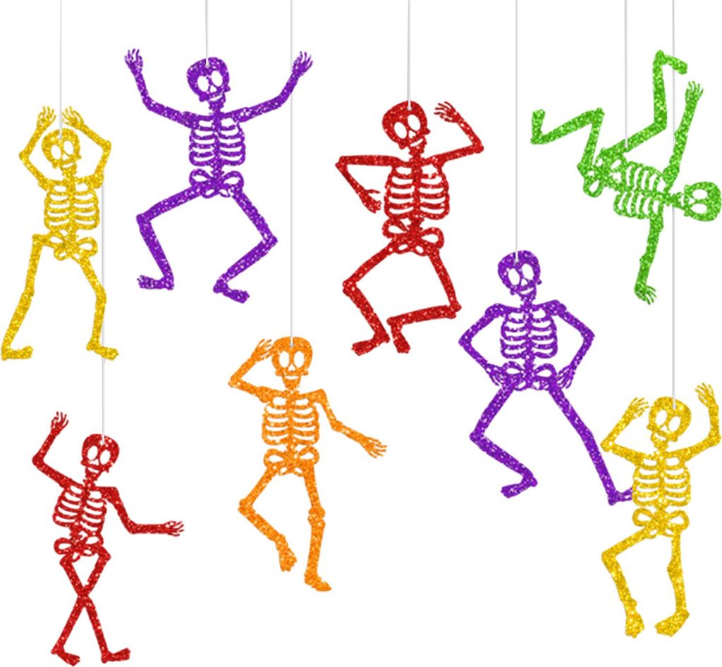 8 Stück bunte Skelett-Dekoration zum Aufhängen, glitzerndes Papier, Skelett-Wimpelkette, Banner, Hintergrund für Halloween-Party-Dekoration im I...