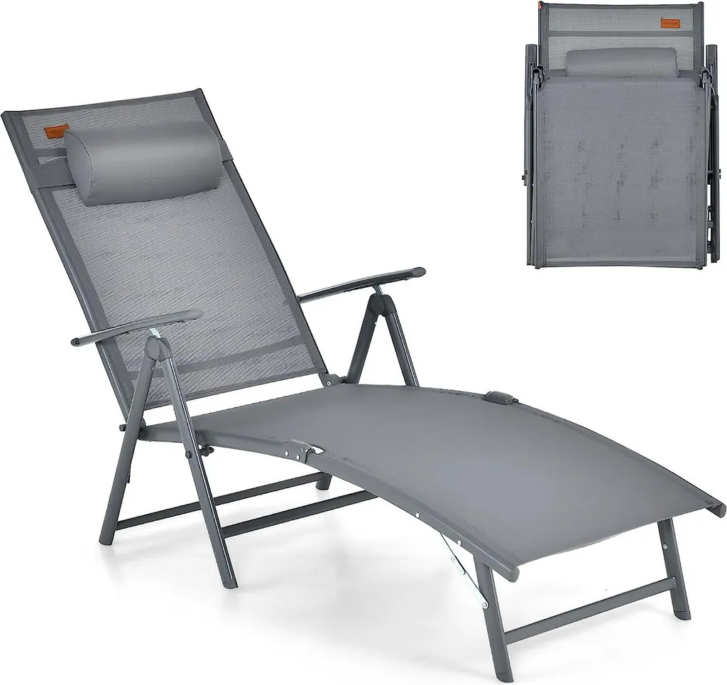 COSTWAY Chaise Longue Pliante Grise avec Dossier Réglable à 7 Niveaux