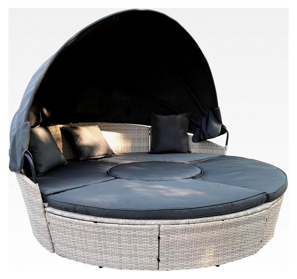 Sonneninsel aus Poly Rattan XL mit klappbarem Sonnendach Ø 180/210 cm inkl. Auflagen und Kissen, Lounge Sonnenliege Gartenmuschel (Hellgrau, Dia 180)
