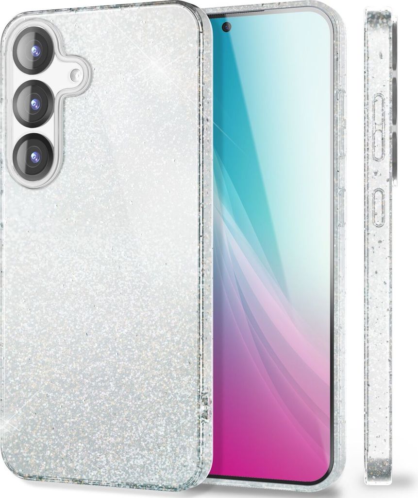 NALIA Glitzerhülle für Samsung Galaxy S25 Plus – Funkelnder Glitzer-Look & Grip – SHINEPOP (Silikon Case) – Marke aus Berlin – Mondsilber