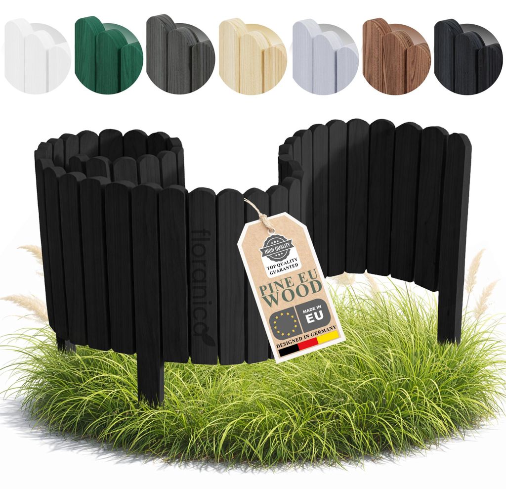Floranica Beeteinfassung Rasenkante Holz 40 x 100 cm Schwarz Beetumrandung Gartenzaun Rollborder Palisade Holzzaun