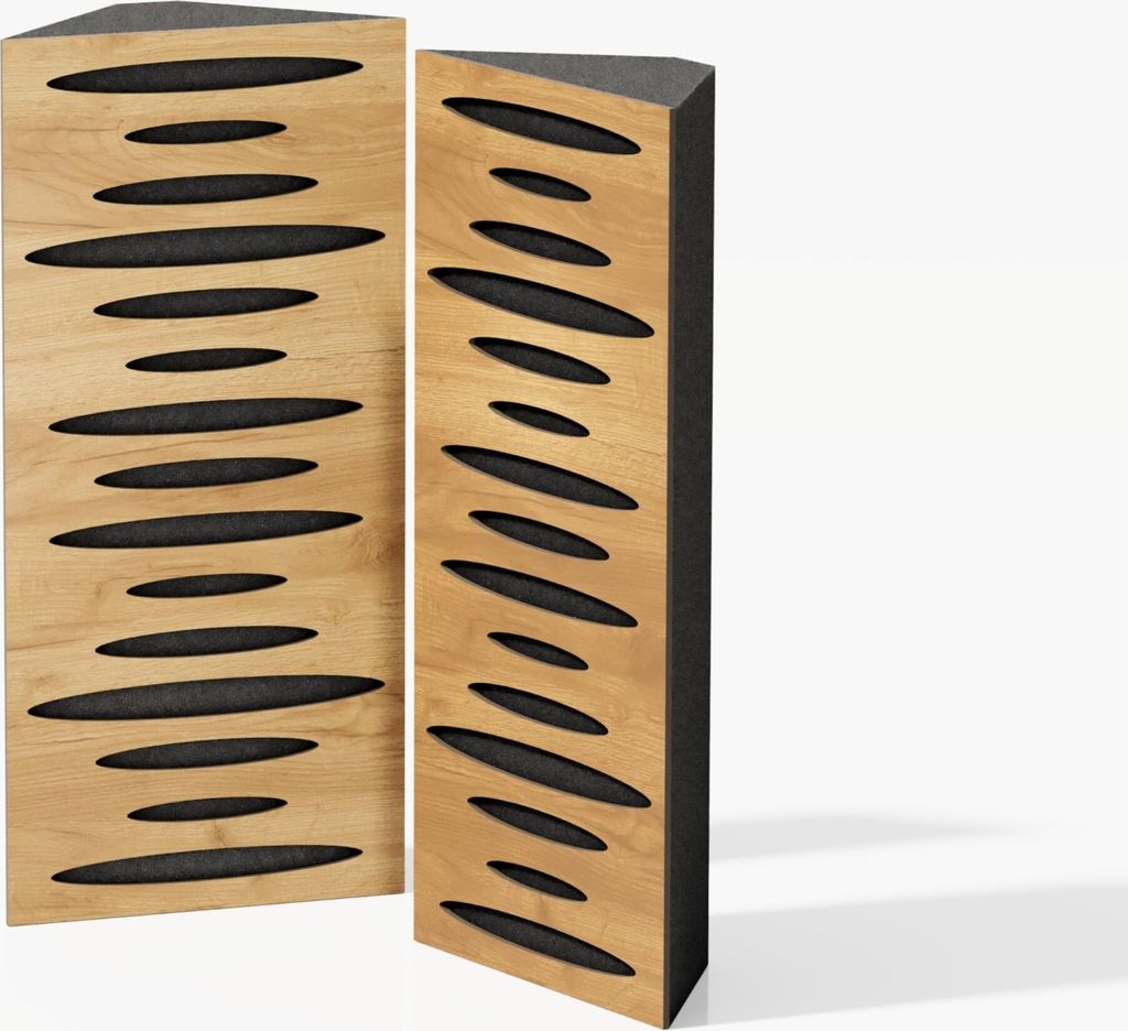 Two acoustic corner bass traps with a wooden front and black interior, shown against a white background.