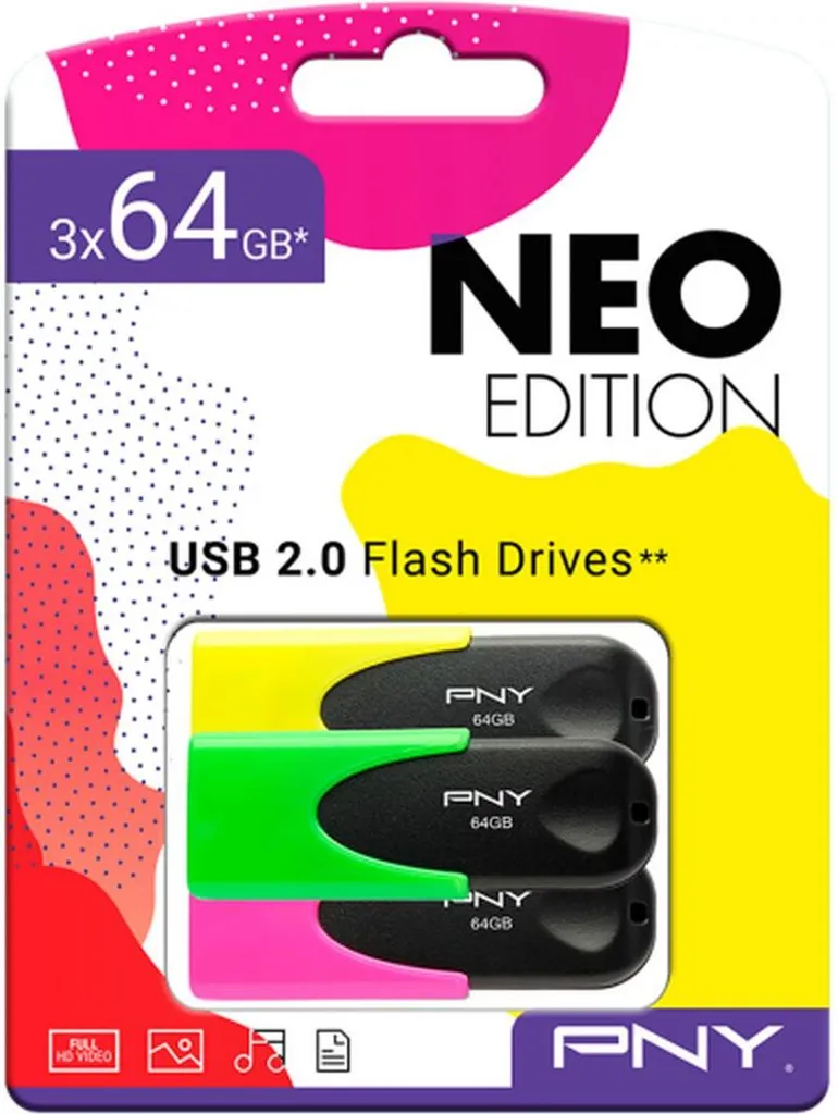 PNY FD64GATT4NEOYGPX3-EF 3 PNY USB-Sticks NEO Edition gelb, grün, pink 64 GB