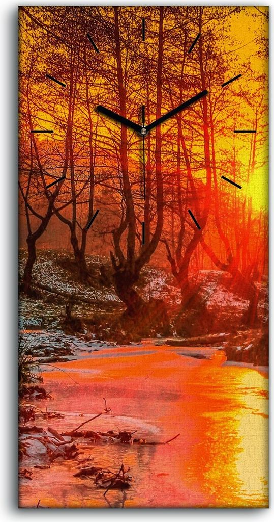 Wanduhr Bürouhr Leinwand Bild 30x60 Malerei Wald Bäume Fluss Schnee Natur Kunst - schwarze Hände